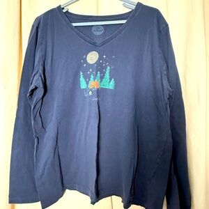 Life is Good Crusher Tee V-Neck Long Sleeve Camping Tee "Simplify" *Flaw*